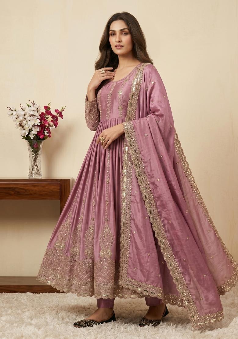 Pink Sequin Work Silk Kurta Set - Indya