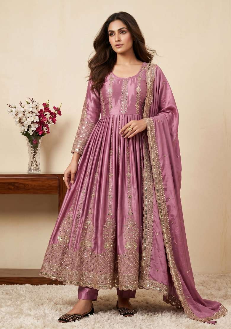 Pink Sequin Work Silk Kurta Set - Indya