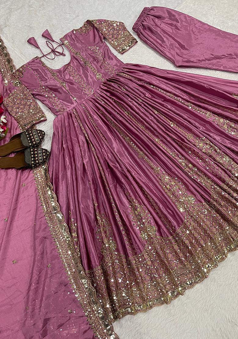 Pink Sequin Work Silk Kurta Set - Indya