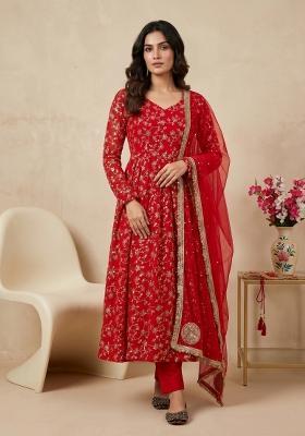 Red Sequin Work Georgette Kurta Set