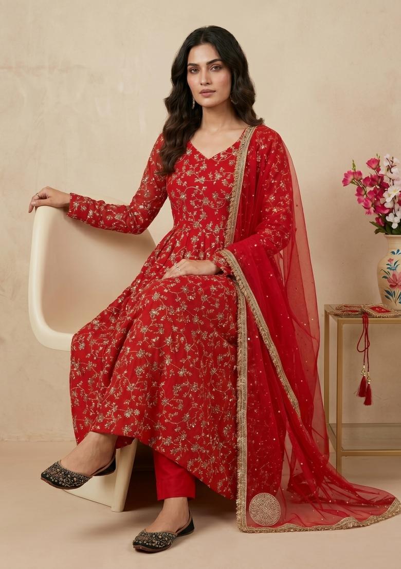 Red Sequin Work Georgette Kurta Set - Indya