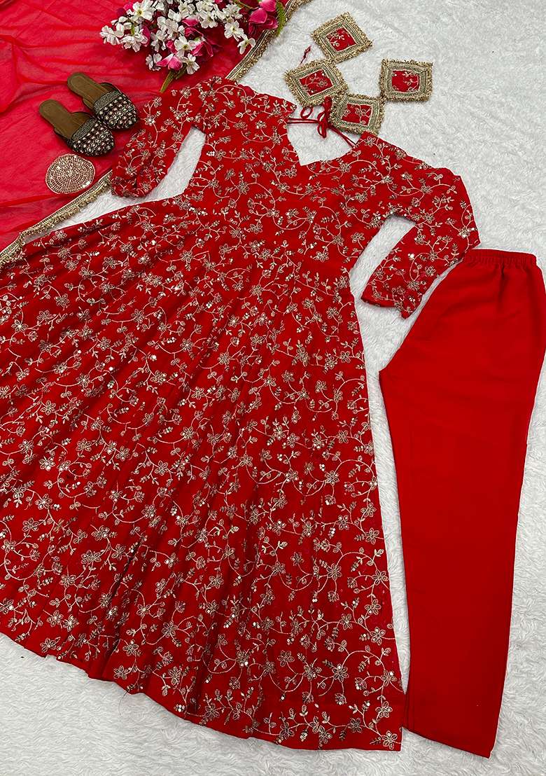 Red Sequin Work Georgette Kurta Set - Indya