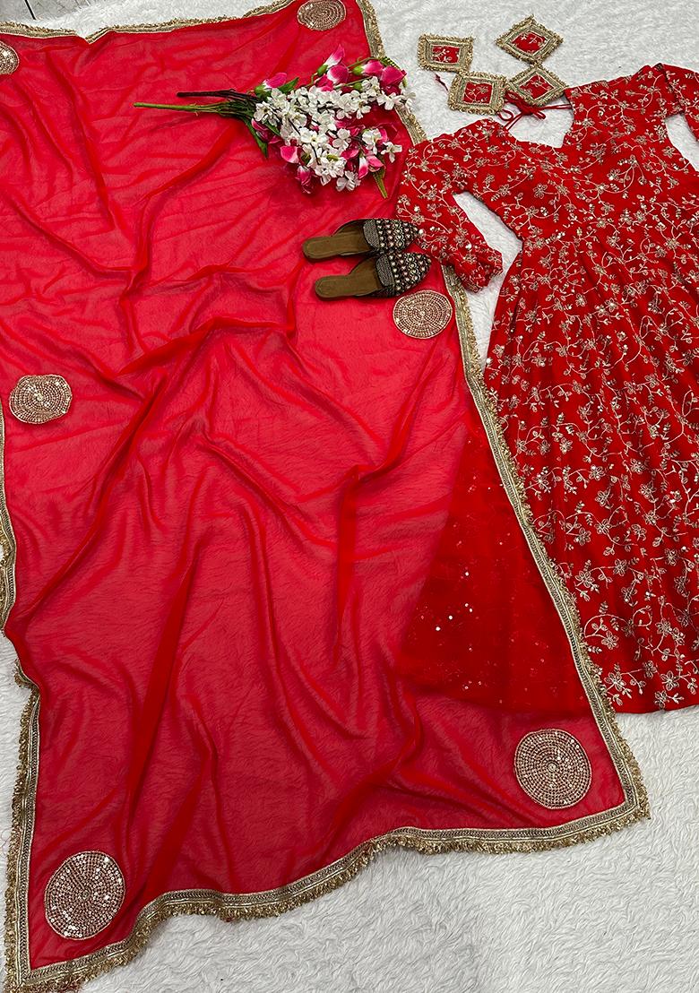 Red Sequin Work Georgette Kurta Set - Indya