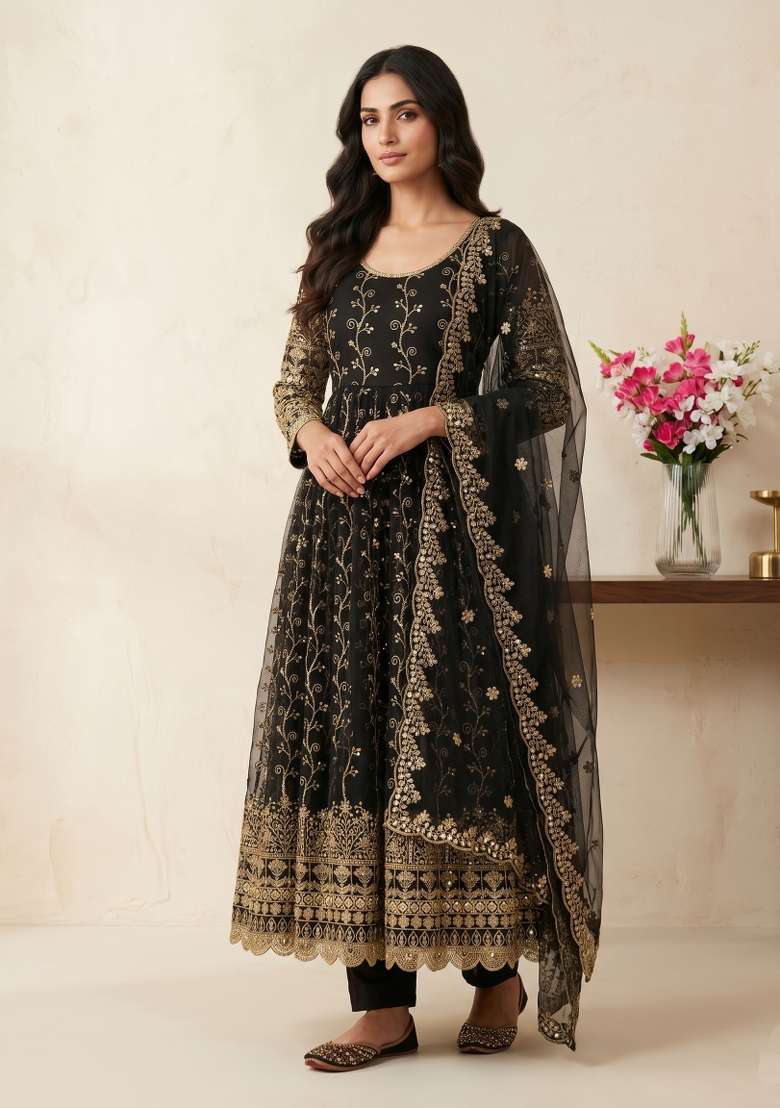 Black Sequin Work Georgette Kurta Set - Indya