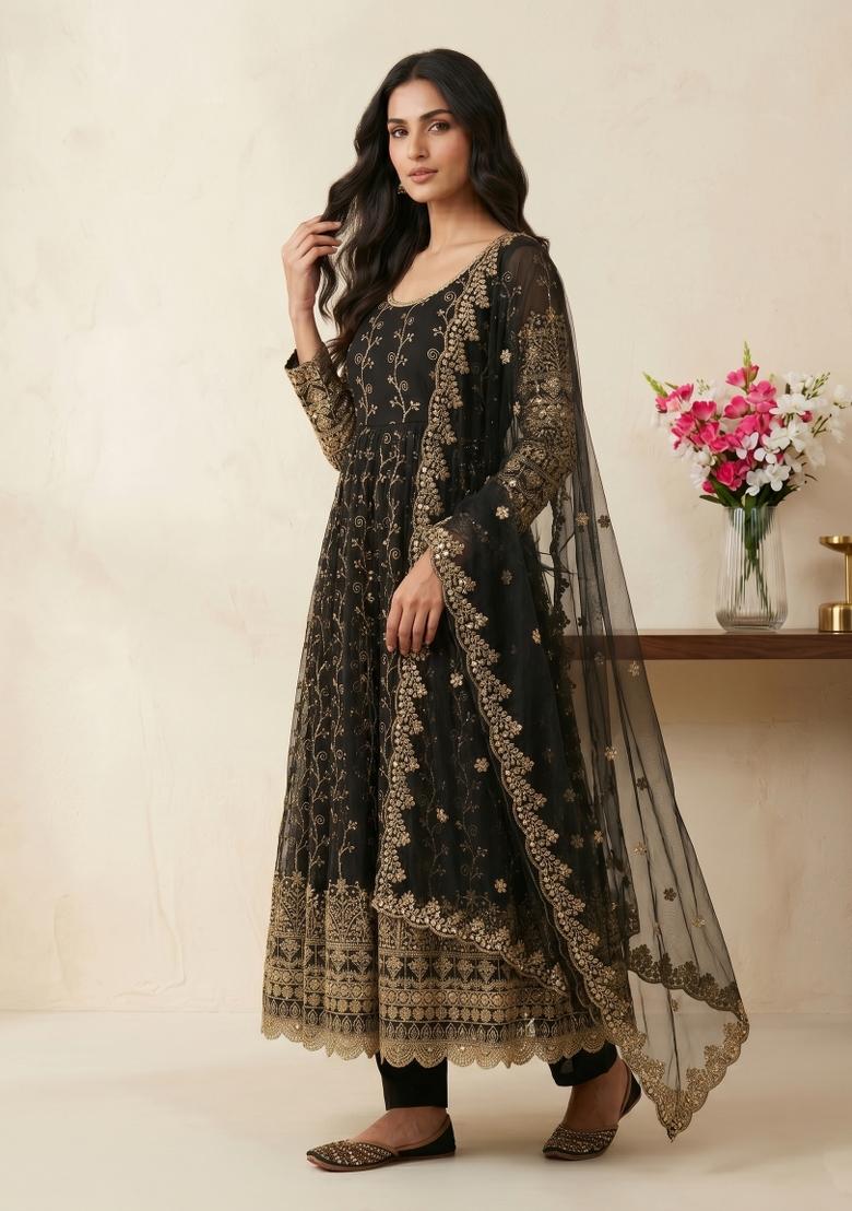 Black Sequin Work Georgette Kurta Set - Indya