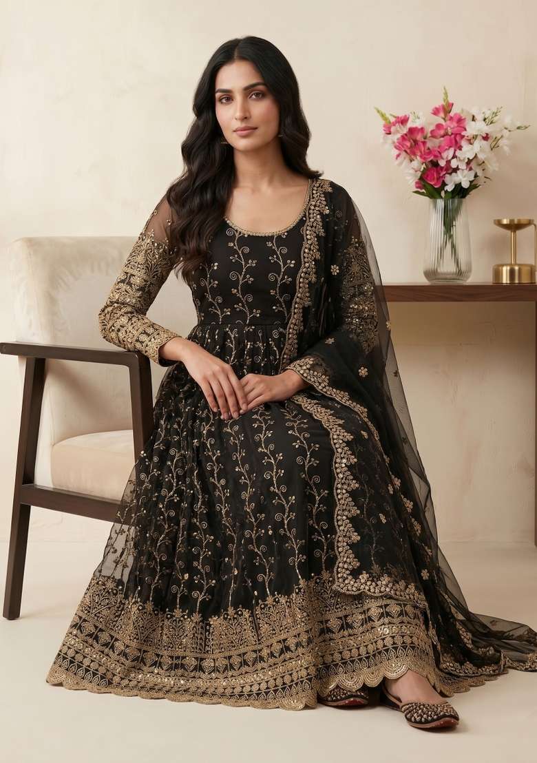 Black Sequin Work Georgette Kurta Set - Indya