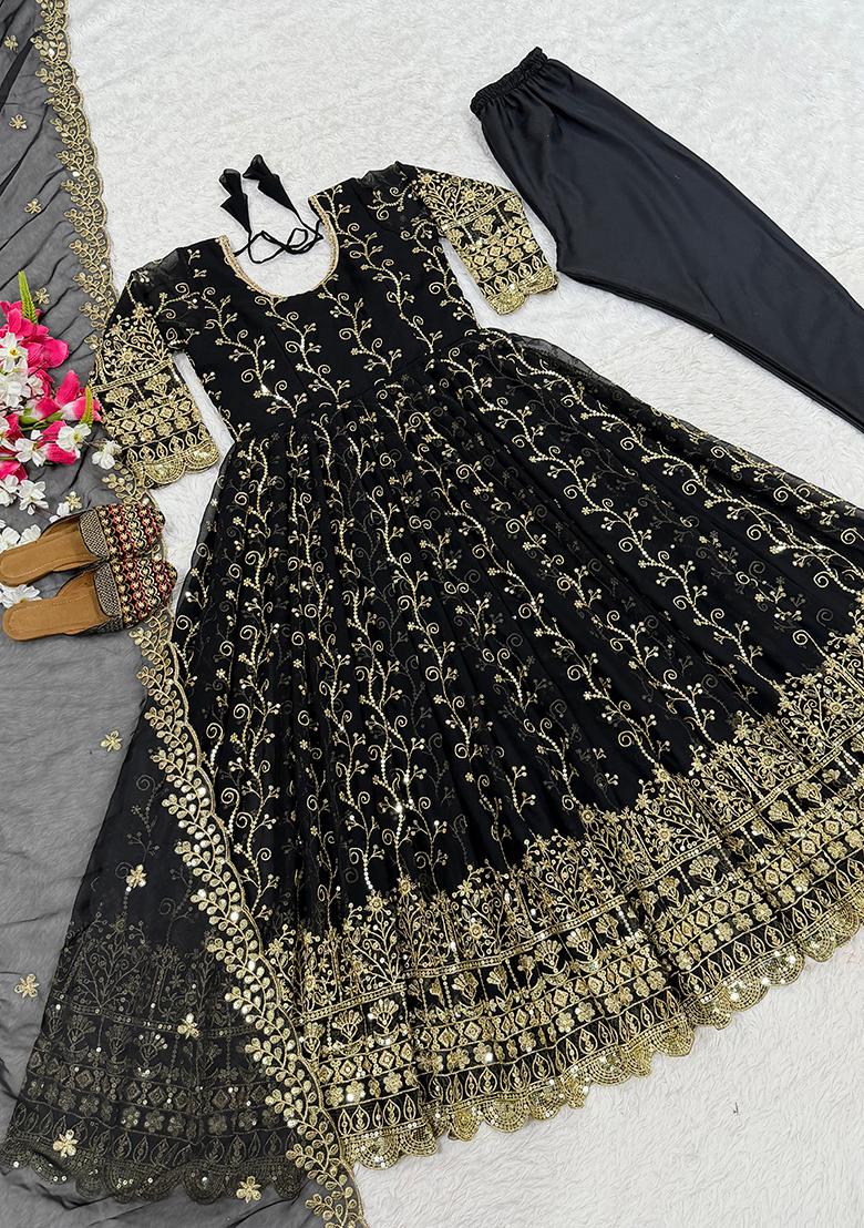 Black Sequin Work Georgette Kurta Set - Indya