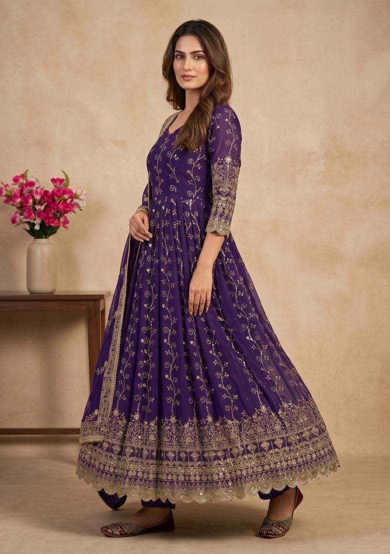Purple Sequin Work Georgette Kurta Set - Indya