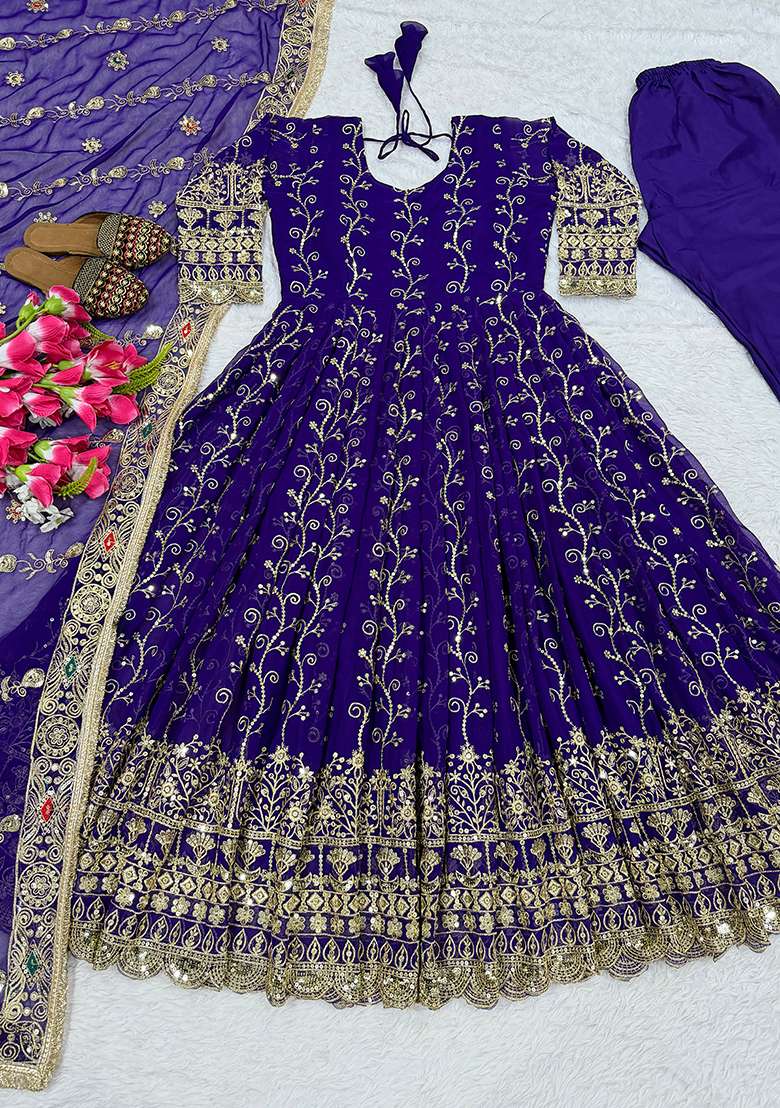 Purple Sequin Work Georgette Kurta Set - Indya