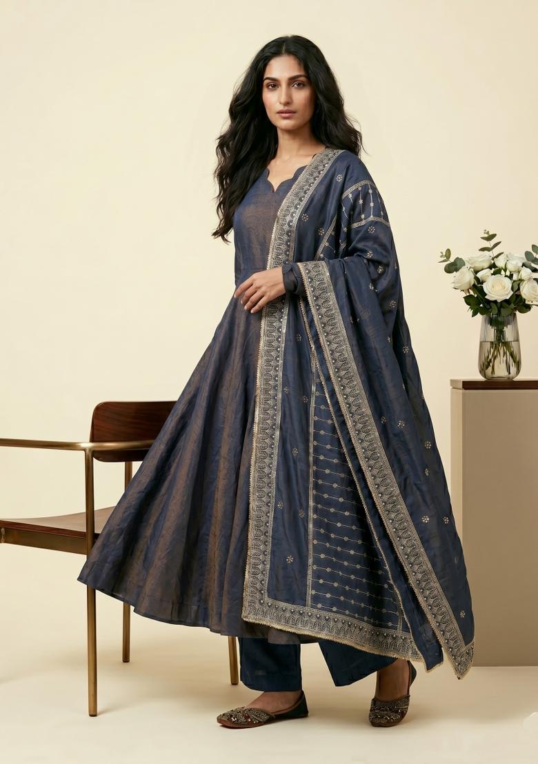 Blue Sequin Work Silk Kurta Set - Indya