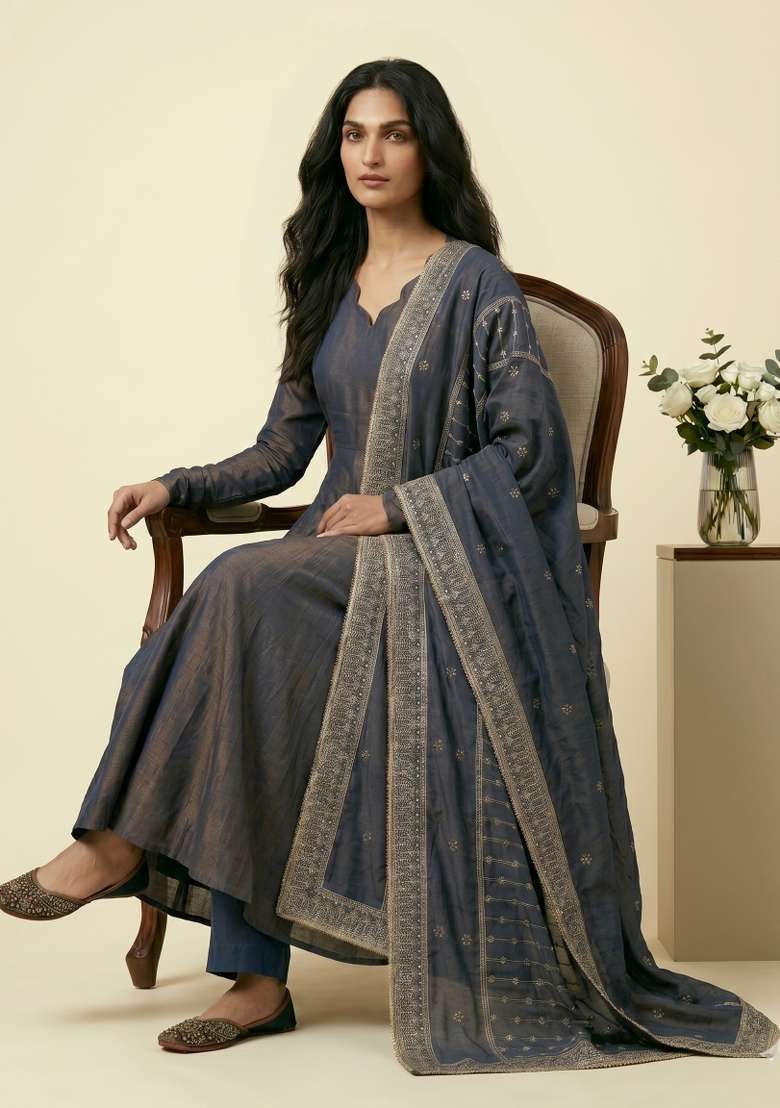 Blue Sequin Work Silk Kurta Set - Indya
