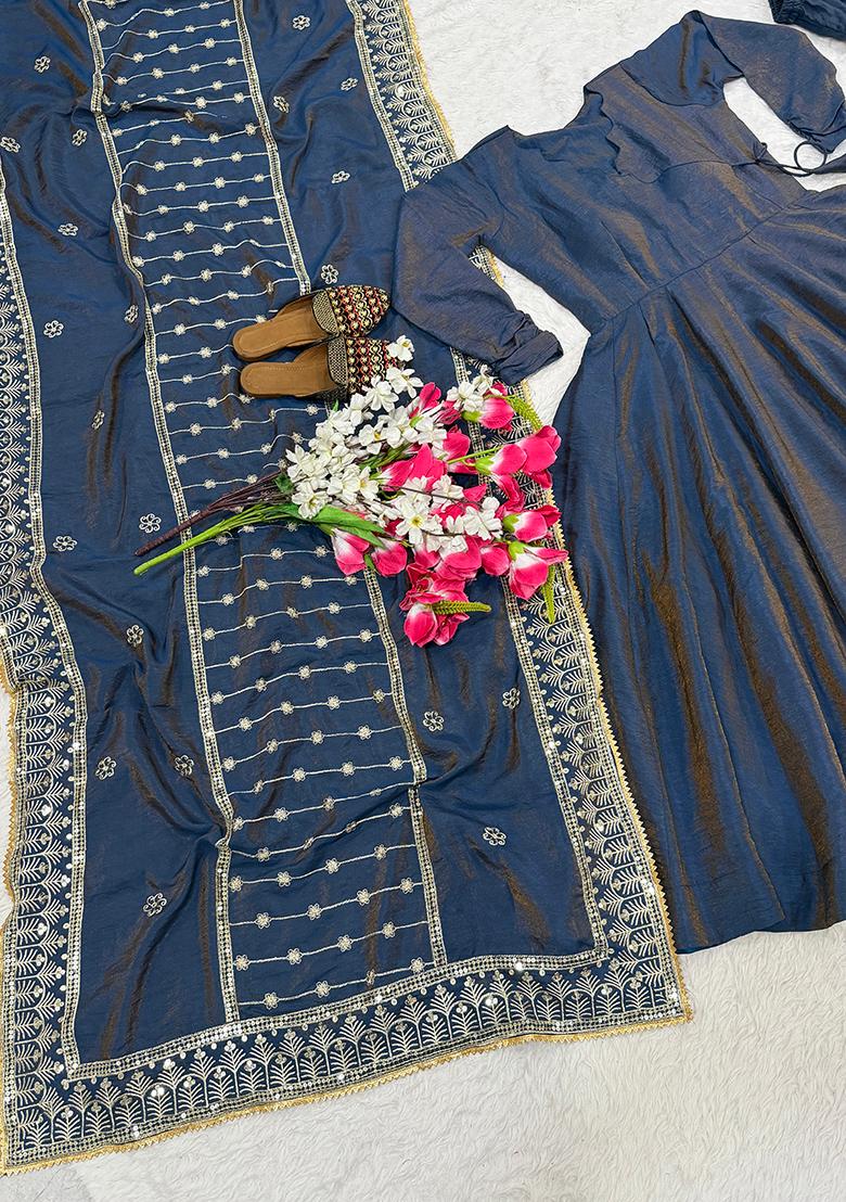 Blue Sequin Work Silk Kurta Set - Indya