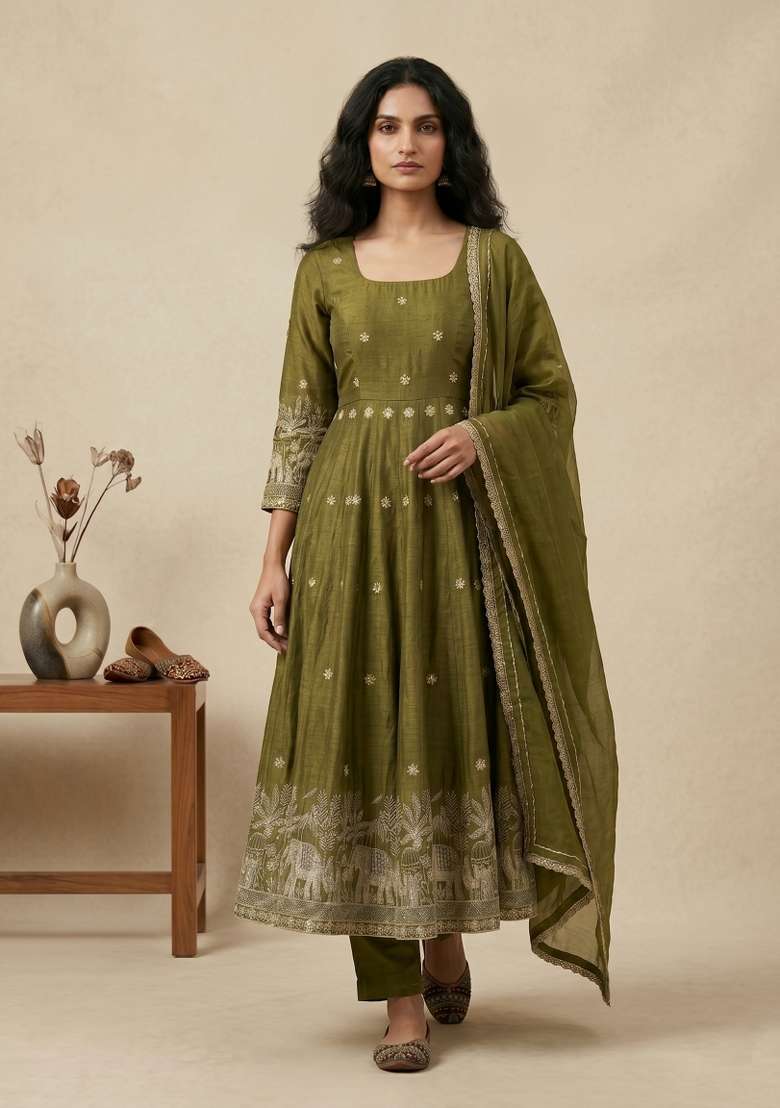Mehendi Green Sequin Work Silk Kurta Set - Indya