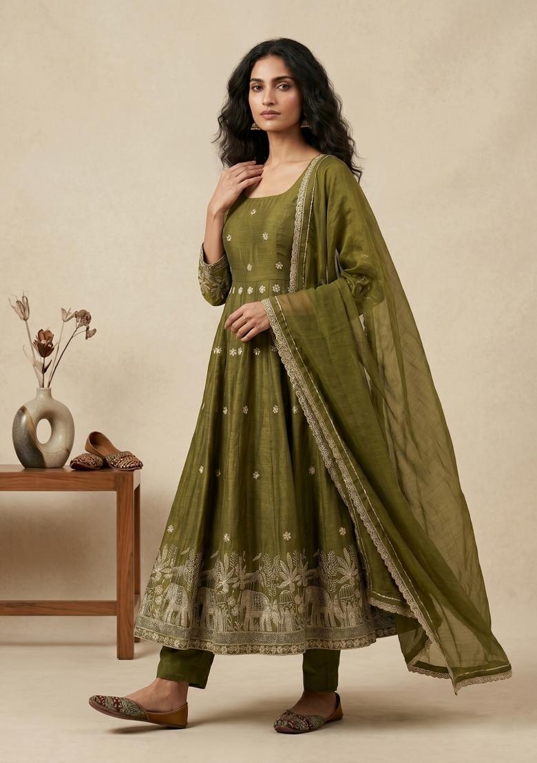 Mehendi Green Sequin Work Silk Kurta Set - Indya