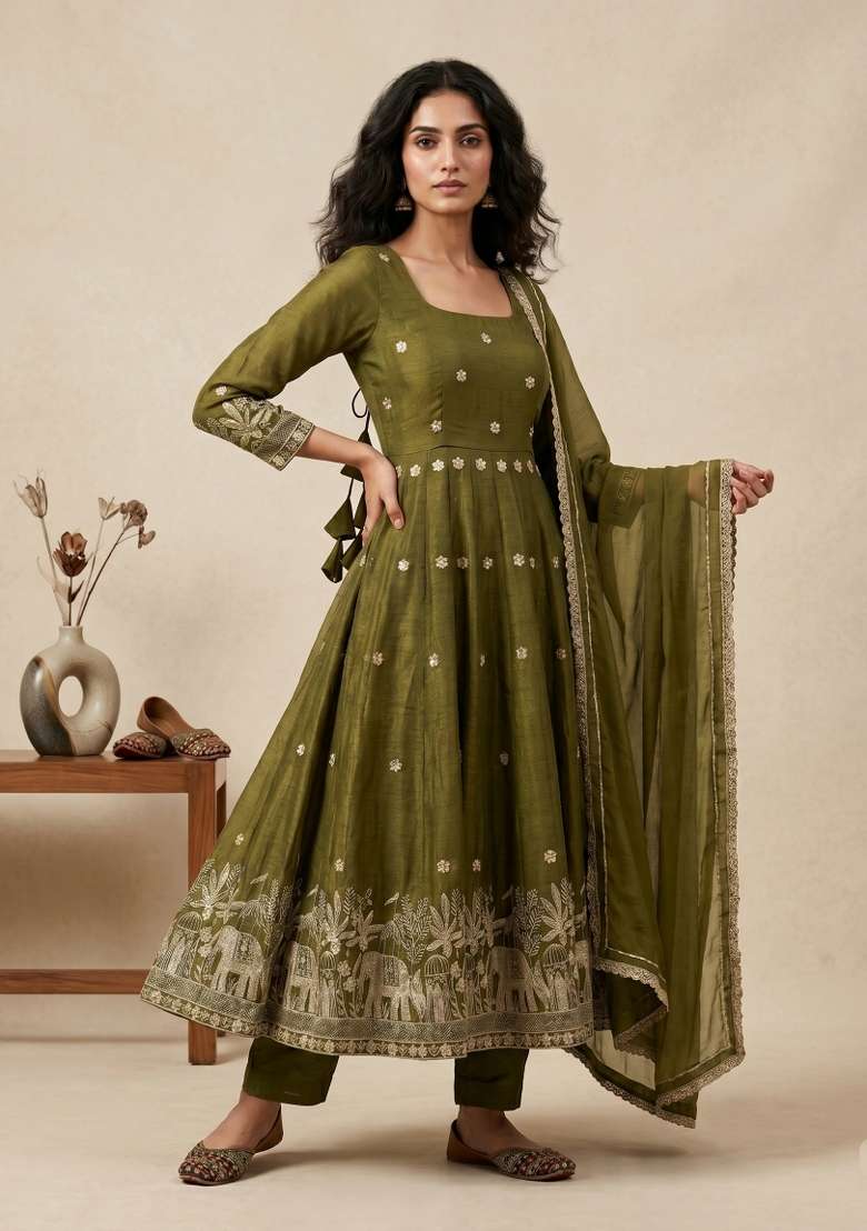 Mehendi Green Sequin Work Silk Kurta Set - Indya
