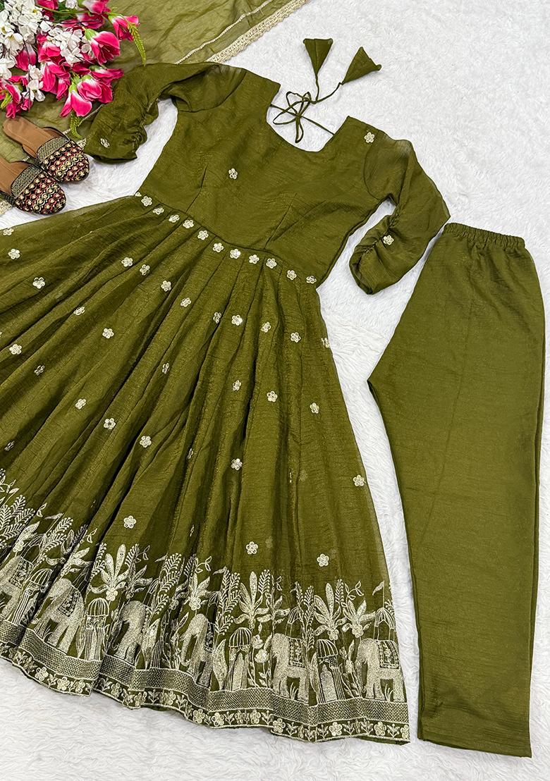 Mehendi Green Sequin Work Silk Kurta Set - Indya