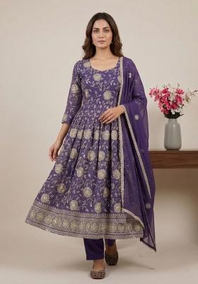 Purple Sequin Work Silk Kurta Set