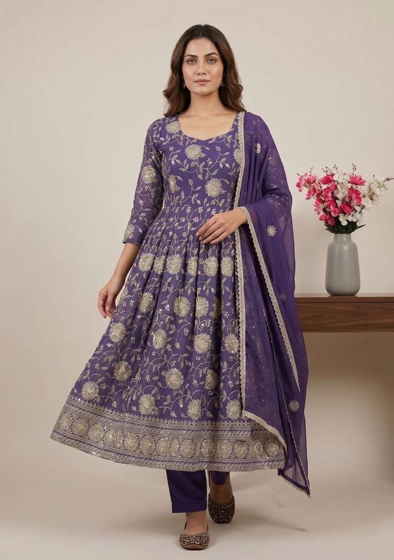 Purple Sequin Work Silk Kurta Set - Indya