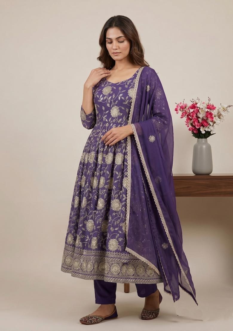 Purple Sequin Work Silk Kurta Set - Indya