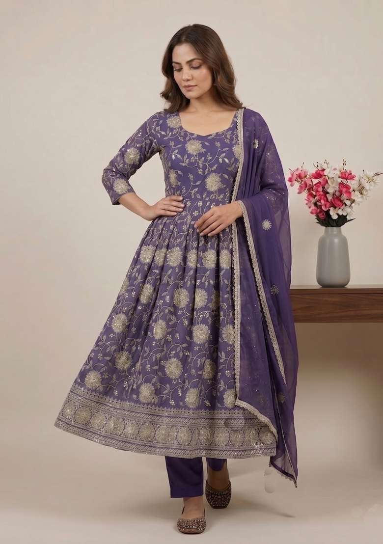 Purple Sequin Work Silk Kurta Set - Indya