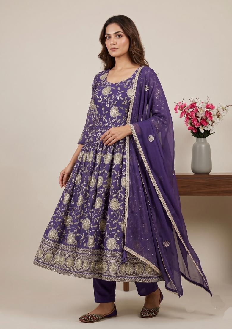 Purple Sequin Work Silk Kurta Set - Indya