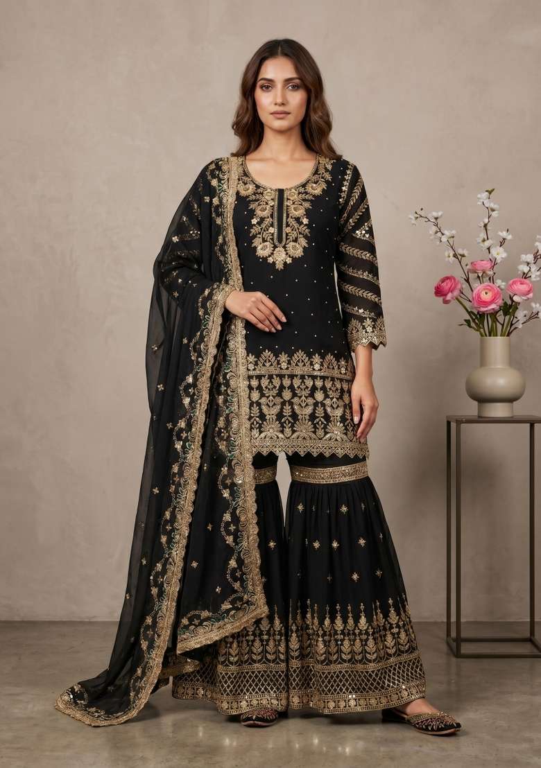 Black Sequin Work Georgette Kurta Set - Indya