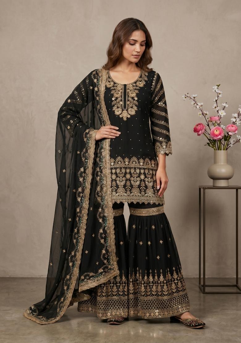 Black Sequin Work Georgette Kurta Set - Indya