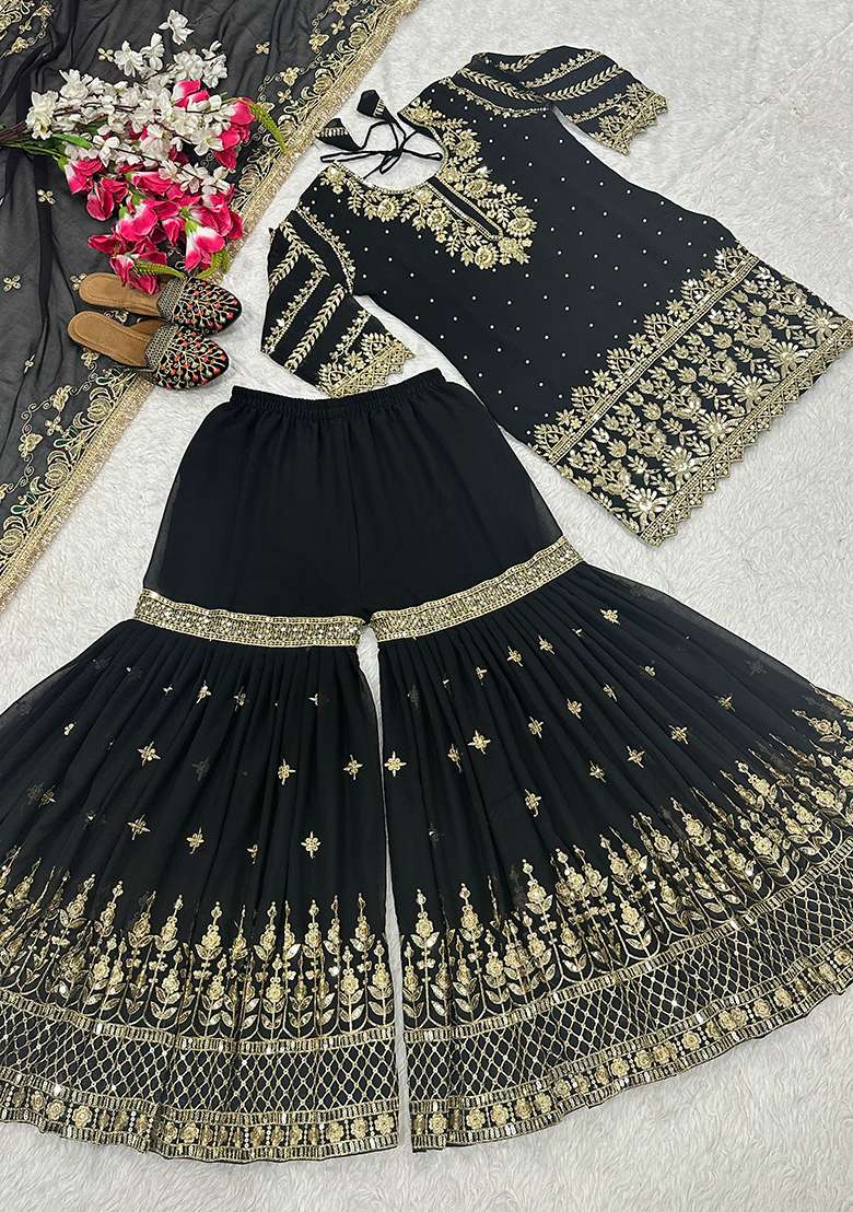Black Sequin Work Georgette Kurta Set - Indya