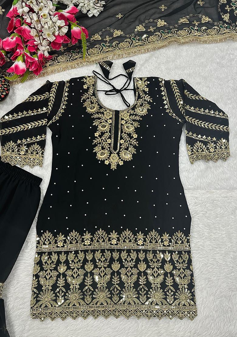 Black Sequin Work Georgette Kurta Set - Indya