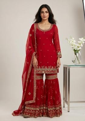 Red Sequin Work Georgette Kurta Set