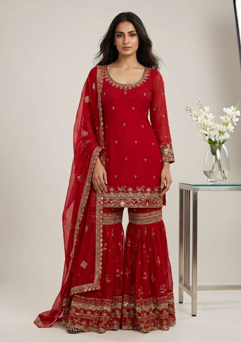Red Sequin Work Georgette Kurta Set - Indya