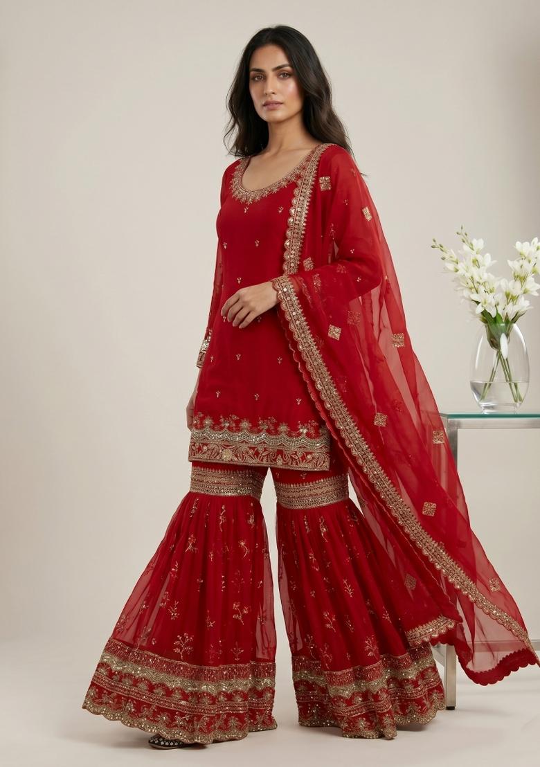 Red Sequin Work Georgette Kurta Set - Indya