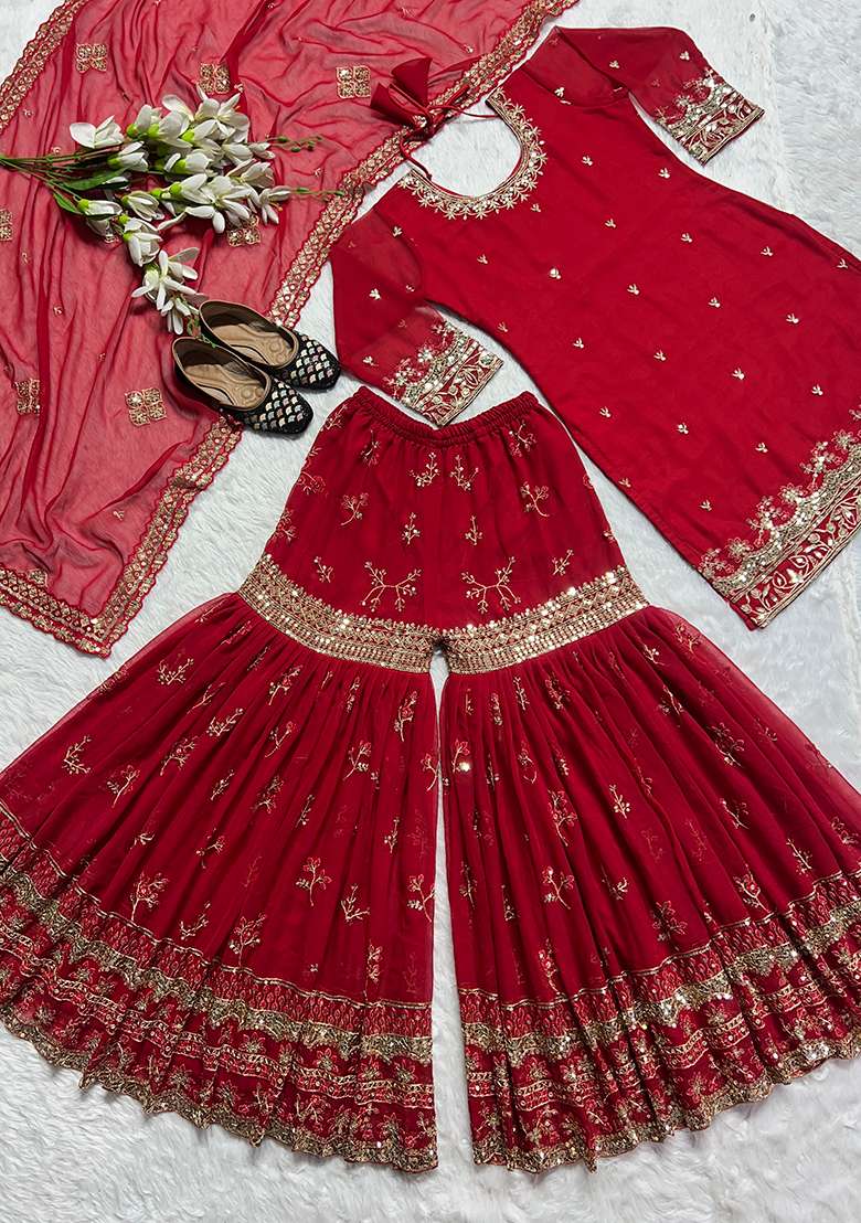 Red Sequin Work Georgette Kurta Set - Indya