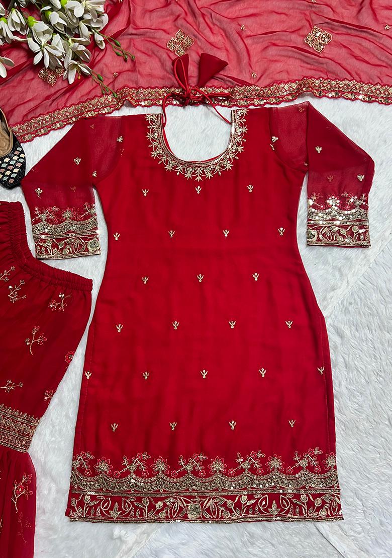 Red Sequin Work Georgette Kurta Set - Indya