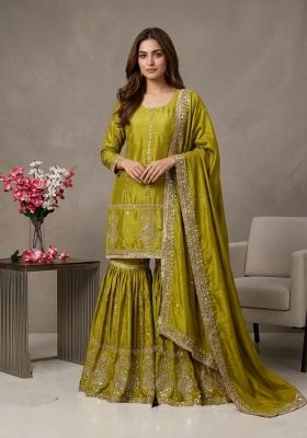 Mehendi Green Embroidery Silk Kurta Set