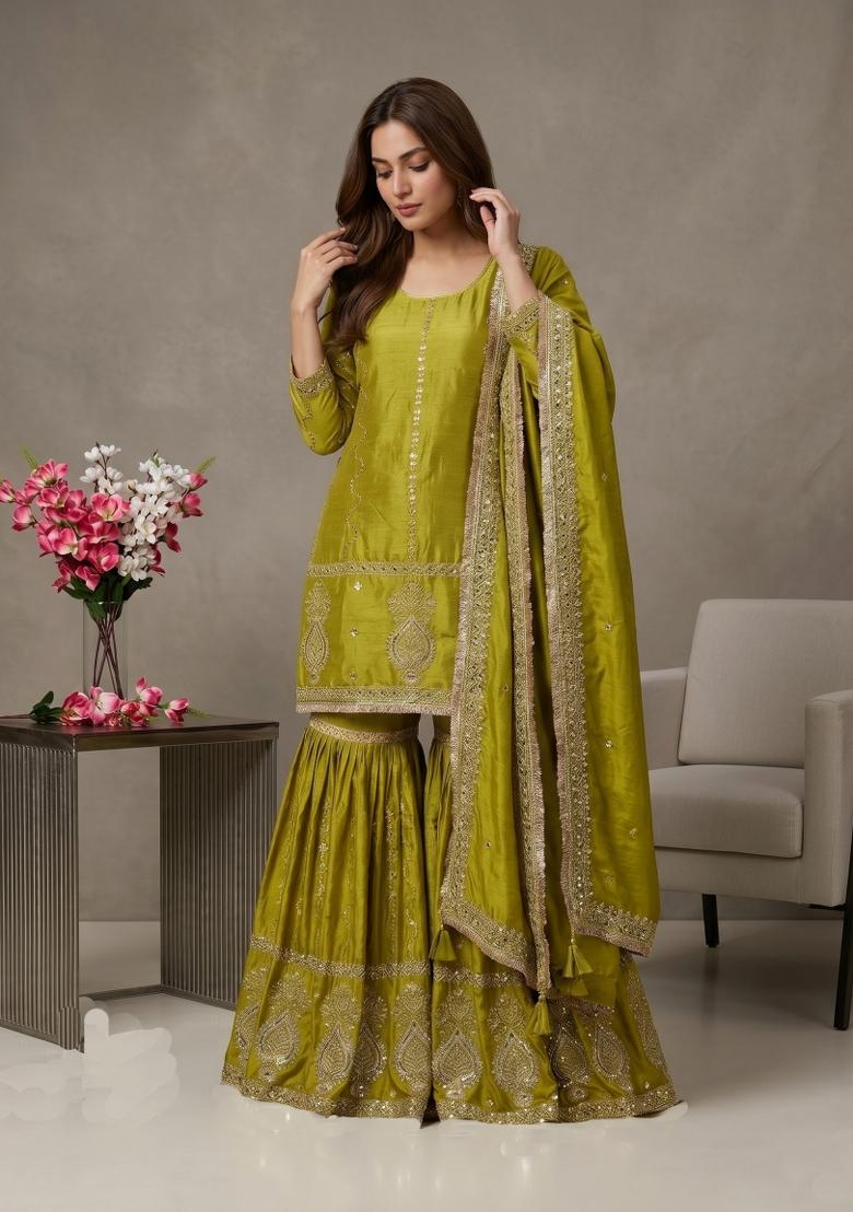 Mehendi Green Embroidery Silk Kurta Set - Indya