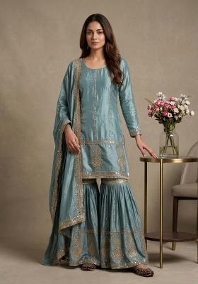 Sky Blue Embroidery Silk Kurta Set