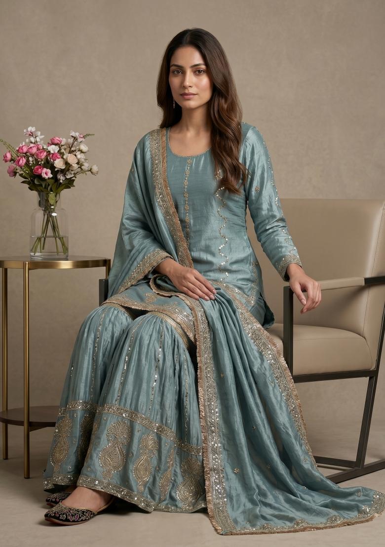 Sky Blue Embroidery Silk Kurta Set - Indya