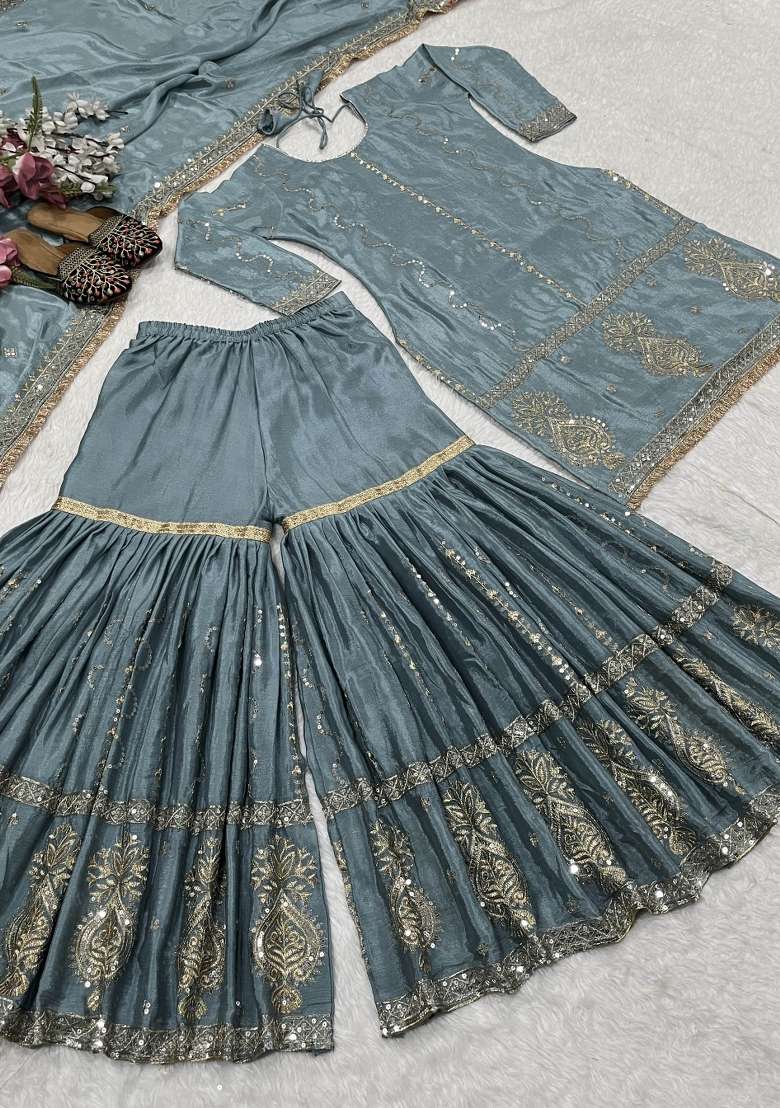 Sky Blue Embroidery Silk Kurta Set - Indya