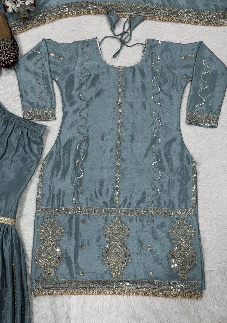 Sky Blue Embroidery Silk Kurta Set - Indya