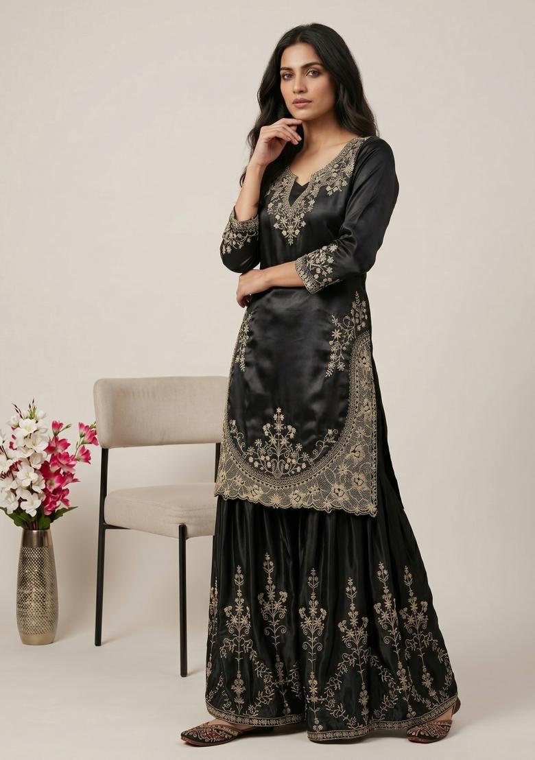 Black Sequin Work Silk Kurta Set - Indya