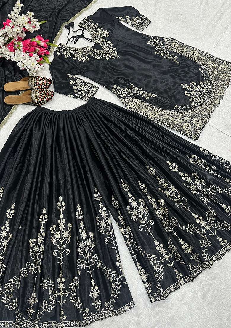 Black Sequin Work Silk Kurta Set - Indya