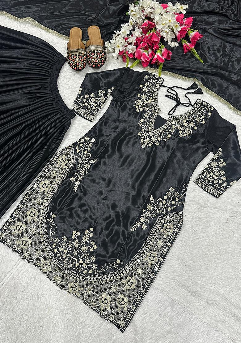 Black Sequin Work Silk Kurta Set - Indya
