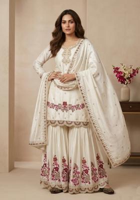 Off White Embroidery Silk Kurta Set