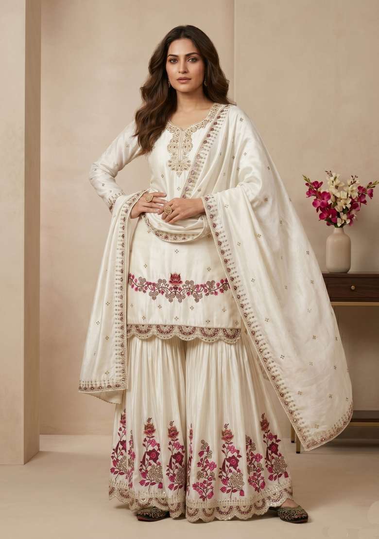Off White Embroidery Silk Kurta Set - Indya