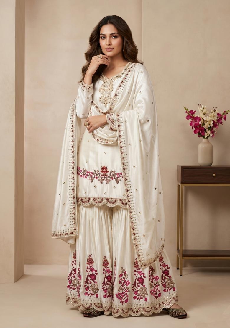 Off White Embroidery Silk Kurta Set - Indya