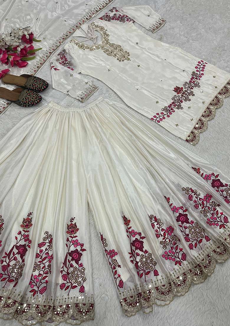 Off White Embroidery Silk Kurta Set - Indya