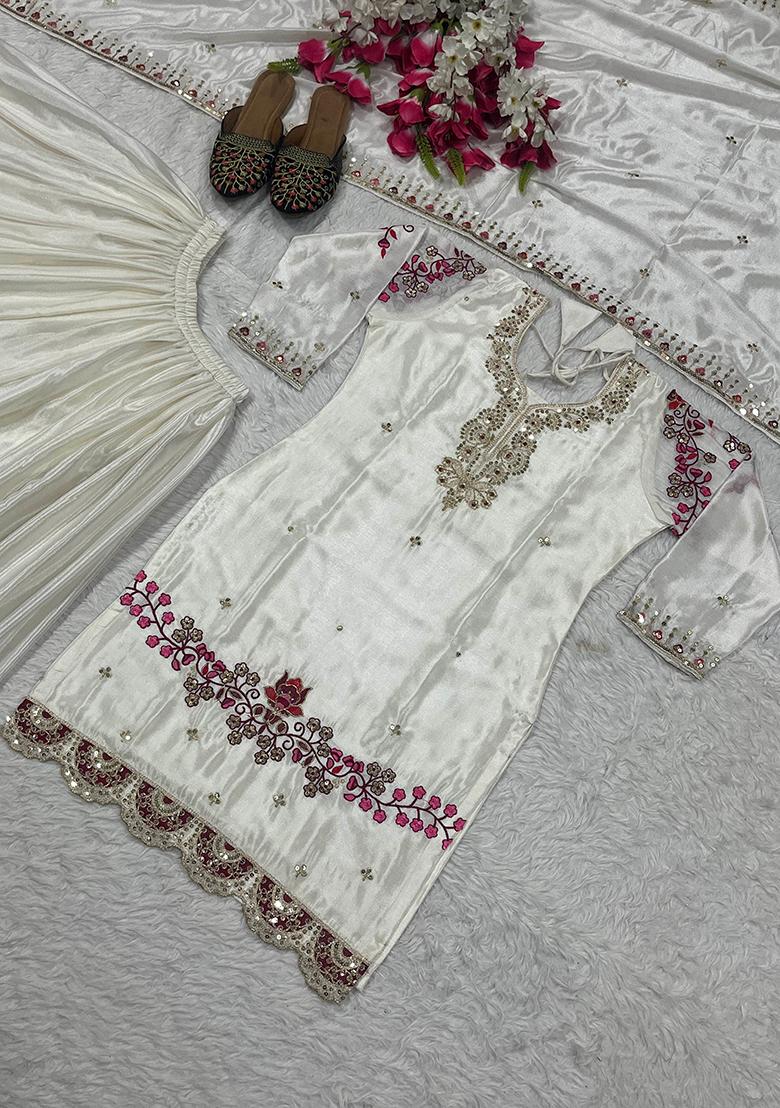 Off White Embroidery Silk Kurta Set - Indya