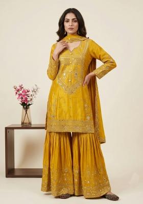 Yellow Sequin Work Silk Kurta Set