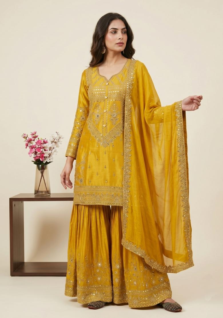 Yellow Sequin Work Silk Kurta Set - Indya